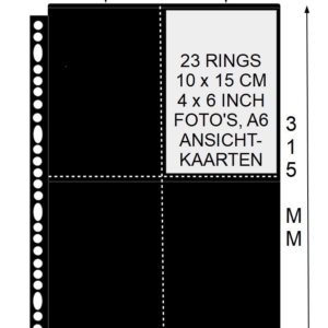 PP blad 4 vakken  zwart  23 rings Din large set van 10 stuks voor o.a. ansichtkaarten en foto's