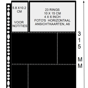 PP blad 6 vakken ongelijk verdeeld zwart  23 rings Din large set van 10 stuks voor o.a. ansichtkaarten en foto's 10 x 15 cm