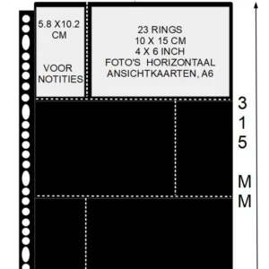PP blad 6 vakken ongelijk verdeeld zwart  23 rings Din large set van 10 stuks voor o.a. ansichtkaarten en foto's 10 x 15 cm